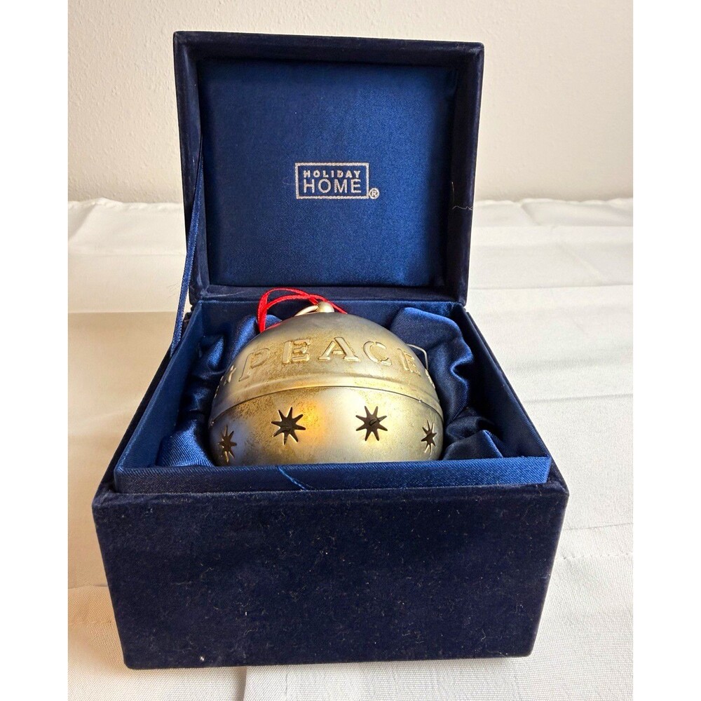 Holiday Home Peace Ball Christmas Ornament, Silver Metal Stars, Hanging, Box
